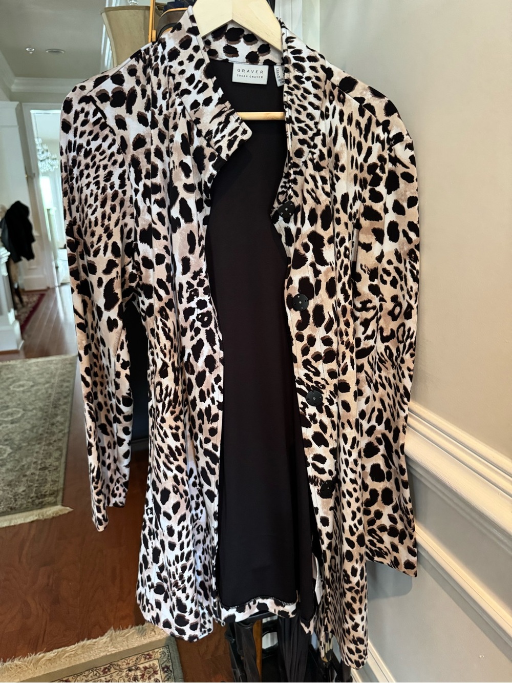 Susan Graver Black and Cream Leopard Print Trench Coat